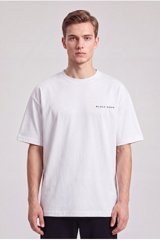 Black Nova Oversize Baskılı Unisex Tişört Lone Rider With Text Beyaz