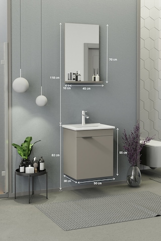 Biani Fix Arya Slım 50 Cm Banyo Dolabı,Seramik Lavabolu, Aynalı,Lavabo Dahil,Mdf,Latte