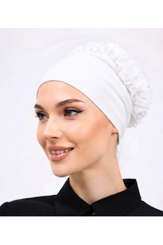 Alivascarf Kaymayan Fırfırlı Silikonlu Dikişsiz Kaymaz Bone Kadın Tesettür Bağlamalı İç Bone Beyaz