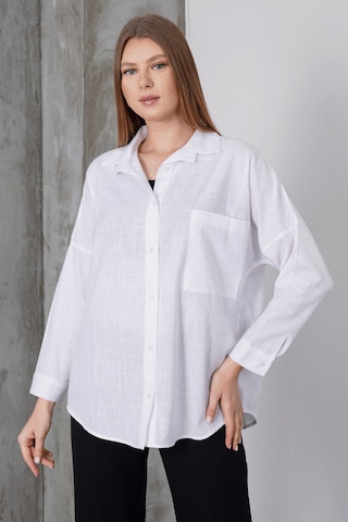 Paw Garage Kadın London Keten Tek Cepli Oversize Gömlek, Premium Kalite Keten Gömlek Beyaz