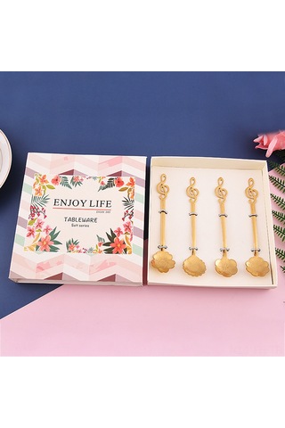 Folinda 4 Adet Çiçek Desenli Zambak, Gül, Papatya, Nergis Müzik Notası Kolu Paslanmaz Çelik Kahve-kek Karıştırma Kaşığı Seti Diğer