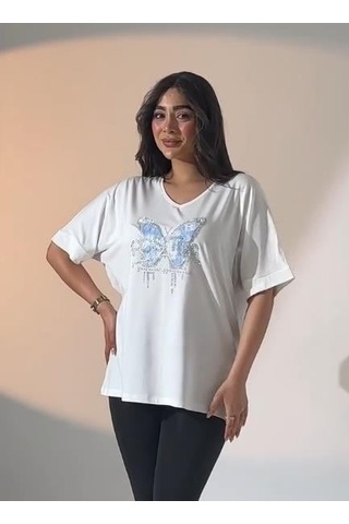 Elaxi Leopar Kelebek Desenli Bluz Beyaz