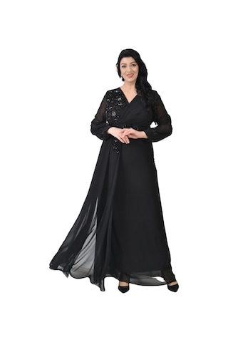 Lilas Xxl Kadın Büyük Beden Uzun Şifon Abiye Elbise 9571 Siyah