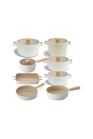 Fika Alüminyum Döküm Cam Kapaklı 13 Parça Tencere & Tava Seti 18s22k22d24k26d24t26w28g Bej13prc2
