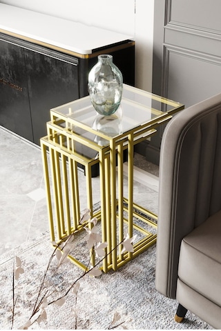 Dekoport Mira 3lü Zigon Sehpa C Sehpa - Yan Sehpa Gold Şeffaf Cam Gold Şeffaf