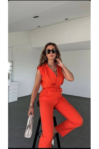 Yeni Sezon Gömlek Yaka İthal Kumaş Tulum Turuncu Turuncu