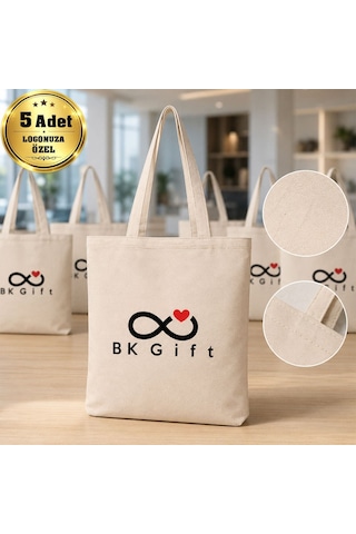 Bk Gift Logonuza Özel 5 Adet Keten Fiora Askılı Kırık Beyaz Bez Çanta 34,5 X 40 Cm Baskılı Set Bej