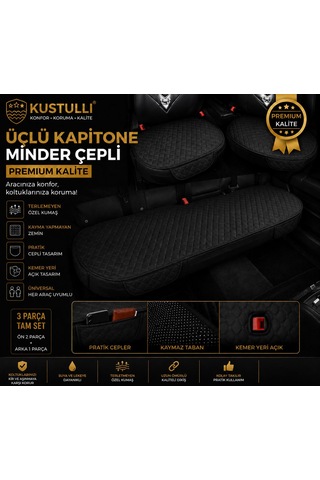 3'lü Kapitone Terletmeyen Oto Koltuk Minder Cepli Model Siyah 1