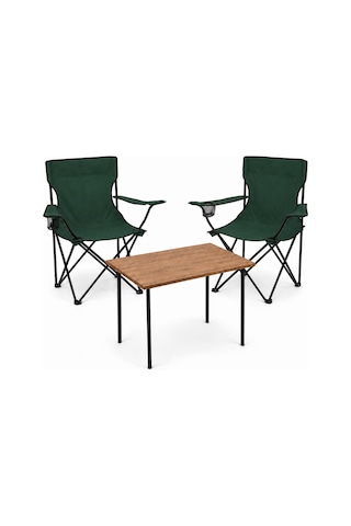 2 Sandalyeli Katlanır Kamp Masa Sandalye Seti 60x45 Cm 3 Parça Yeşil - Kahverengi