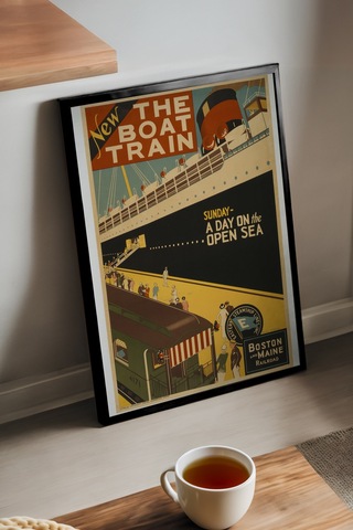 Boat Train Siyah Ahşap Çerçeveli Poster, Dekoratif Seyahat Duvar Tablosu