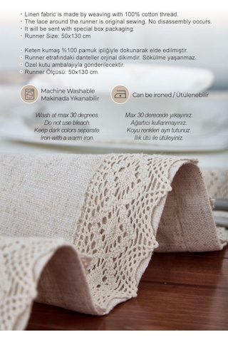 Evlen Home %100 Keten Pamuk Dantelli Runner 50x130 Cm Linen Kumaş Masa Örtüsü Sehpa Leke Tutmaz Mutfak Bej