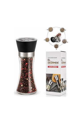 Hand Grınder Büyük Cam Hazneli - Pls.kapaklı - Krom Belli Tuz - Baharat Öğütücü Bx40 Gri