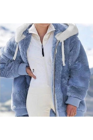 Avrupa Ve Amerika Birleşik Devletleri 2022 Sonbahar Ve Kış Sıcak Peluş Ve Fermuar Cep Kapşonlu Gevşek Ceket Kadın Ceket Mavi