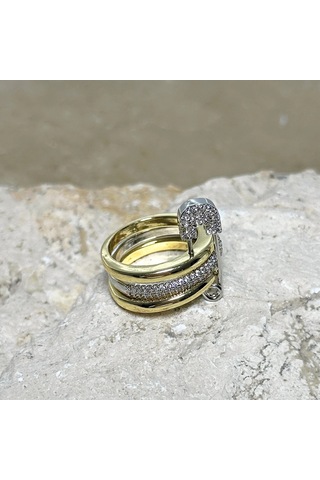 3'lü Silver-gold Taşlı Çengelli İğne Yüzük Çok Renkli