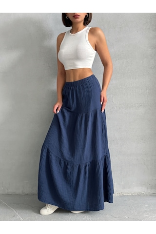 Kadın Pamuklu Maxi Boy Müslin Etek Lacivert