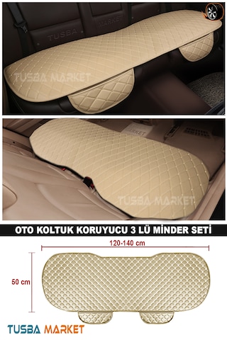 Araç Oto Koltuk Koruyucu Cepli Üçlü Minder Seti I Lüks Kapitone Deri Ön-arka Bej Oto Koltuk Minder