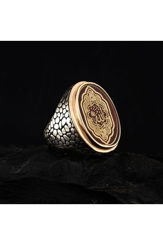 925 Ayar Gümüş Allah Lafzı Yazılı Kırmızı Mineli Erkek Yüzük Gümüş