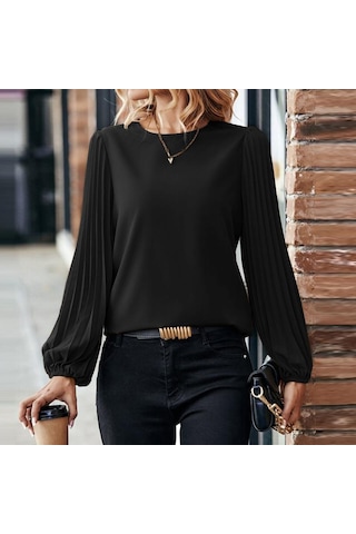 Siyah Zanzea Kadın Yuvarlak Yaka Uzun Kollu Basınç Plise Açık Damla Kravat Düğmesi Gevşek Düz Renk Bluz