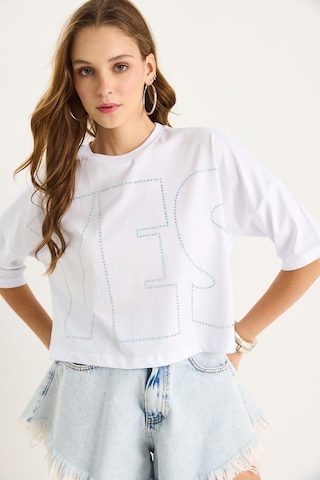 Shade Bisiklet Yaka Taş Baskılı Basic Salaş T-shirt 60602061 - Beyaz