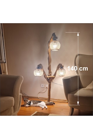 Ev Ofis İçin Uzun Ahşap Sarı Ledli 3 Ampul Lambader Aplik Abajur