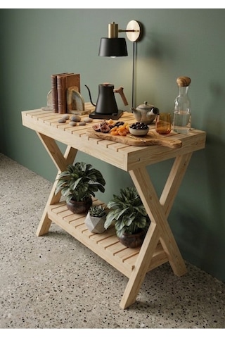 Nelyu Masif Ahşap Yan Sehpa - 80x60x20 Cm Çok Amaçlı Dekoratif Raf Bej