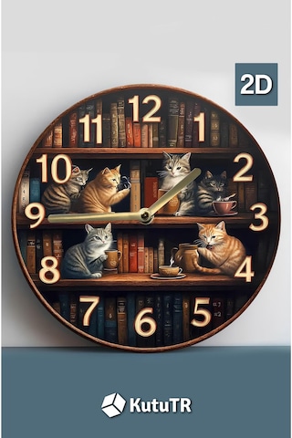 Sessiz Yuvarlak Ahşap Duvar Saati, Kuvars Hareketli 2d Kedi Desen Sdw018 Renkli