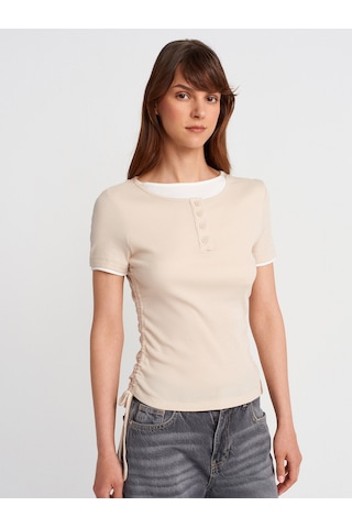 Dilvin 31816 Çift Katlı Büzgülü T-shirt-bej Bej
