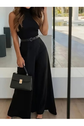 DefyModa Kadın Yüksek Bel Kemerli Double Kumaş Palazzo Pantolon Siyah