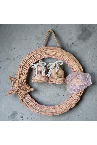 Handanrattan El Örgüsü Rattan Kapı Süsü - Yıldız Ve Çan Figürlü Bohem Duvar Dekorasyonu İkili Set: Yıldız 22 Cm & Çan 27 Cm