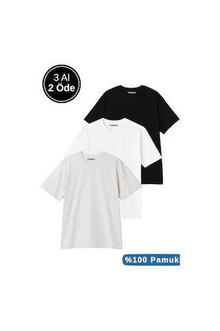 Rich Erkek 3'lü Paket Siyah-beyaz-gri Melanj Pamuklu Oversize Tişört Bisiklet Yaka Kısa Kollu T-shirt Gri