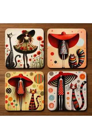 8x8 4 Lü Bardak Altlığı Kırmızı Şapkalı Kız Temalı Baskılı