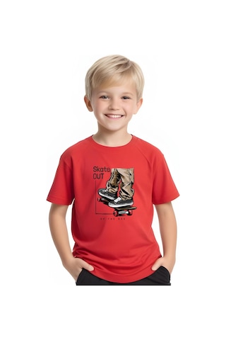 Fyk Kids Erkek Çocuk Yuvarlak Yaka Skate Out Baskılı T-shirt Kırmızı