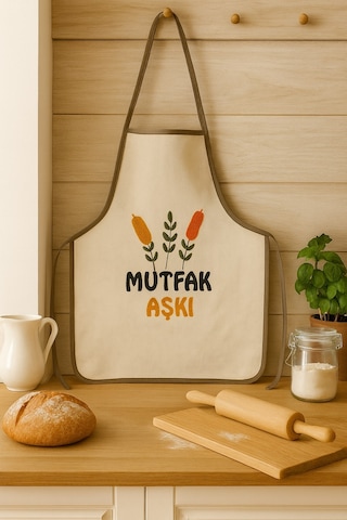 Mutfak Aşkı Nakışlı Keten Yıkanabilir Mutfak Önlüğü Standart Beden 1 Adet 50x70 Cm Bej