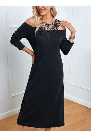 Nnstartshopping Kadın Uzun Kollu Yaka Önü Güpürlü Madonna Yaka Viskon Midi Boy Elbise Siyah