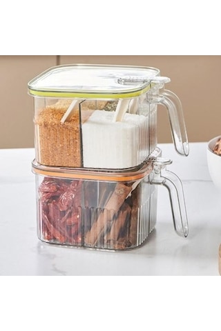 Createtech Yeşil Kutu 4 Bölme Baharat Çeşniler Seti, Pratik Saklama Ve Kaşık Kabı Yeşil