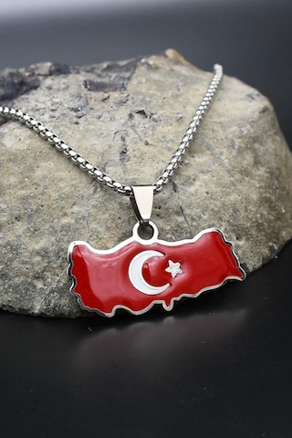 Türk Bayrağı - Ay Yıldızlı Mineli Kolye Paslanmaz Çelik Zincir 902296 Gümüş