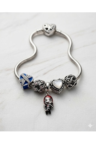Kadın Taşlı Mavi Kalp, Pembe Taşlı Yüz, Black Widow, Beyaz Taşlı Kalp, Sonsuzluk Charmlı Kalp Kilit Bileklik 19 Cm Silver