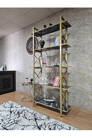 Çıkıntılı Gold Boyalı Kitaplık - 5 Raflı Suntalem Lüks Kitaplık L Çok Renkli