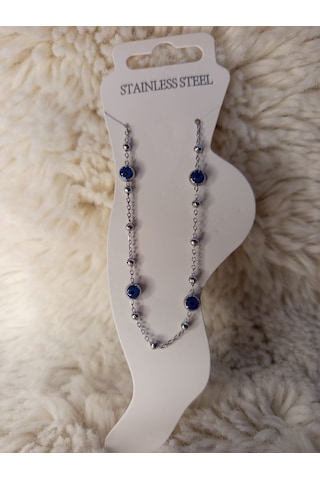 Stainless Steel Kalpli Mavi Taşlı Çelik Halhal Gümüş