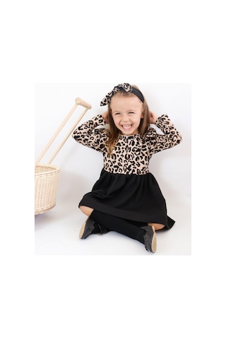 Kız Çocuk Leopar Desenli Uzun Kollu Fırfırlı Elbise Bandana Takım Elb-0059 Siyah