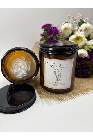 Violas Candle Amber Renk Cam Kavanoz Vanilya Kokulu %100 Soya Wax Mum Beyaz
