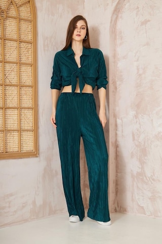 Kadın Pliseli Beli Lastikli Pantolon Tunik Gömlek Ikili Bürümcük Salaş Takım 3573300 Petrol