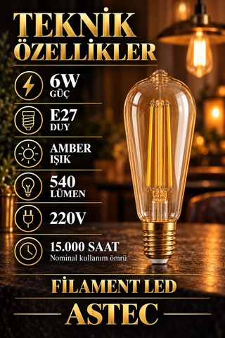 Astec E27 Edison 6 Watt Filament Ampul Amber Işık Dekoratif Ampul