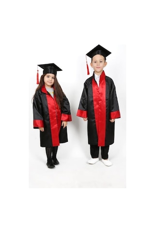 İşel Tekstil Unisex Siyah Kırmızı Lise Mezuniyet Kıyafeti Siyah Kırmızı