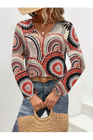 Nnstartshopping Kadın Uzun Kollu V Yakalı Desenli Süprem Bluz Desenli