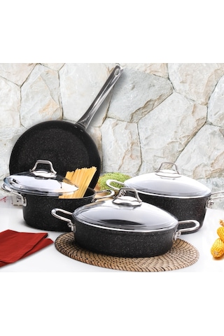 Falez Bln 3001 Black Line 7 Parça Granit Döküm Tencere Tava Seti