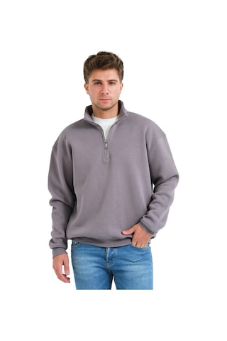 Justever Regular Fit Dik Yaka Yarı Fermuarlı Şardonlu Gri Erkek Sweatshirt - Prime Gri