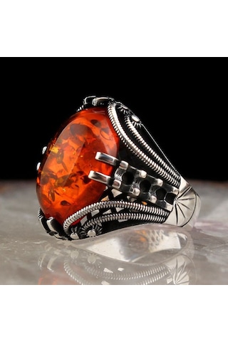 Tırnak Tasarım Baltık Kehribar Taşlı Gümüş Erkek Yüzük