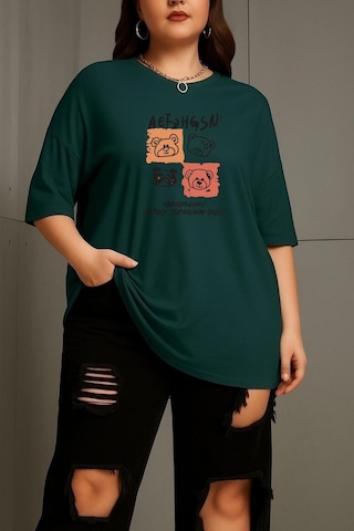 Büyük Beden Aef Ayıcık Baskılı Unisex Tişört Yeşil