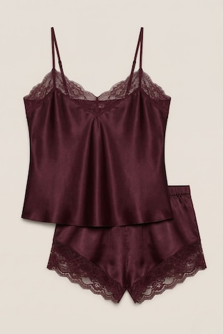 Bordo Dantelli İp Askılı Saten Şortlu Dokuma Pijama Takımı
